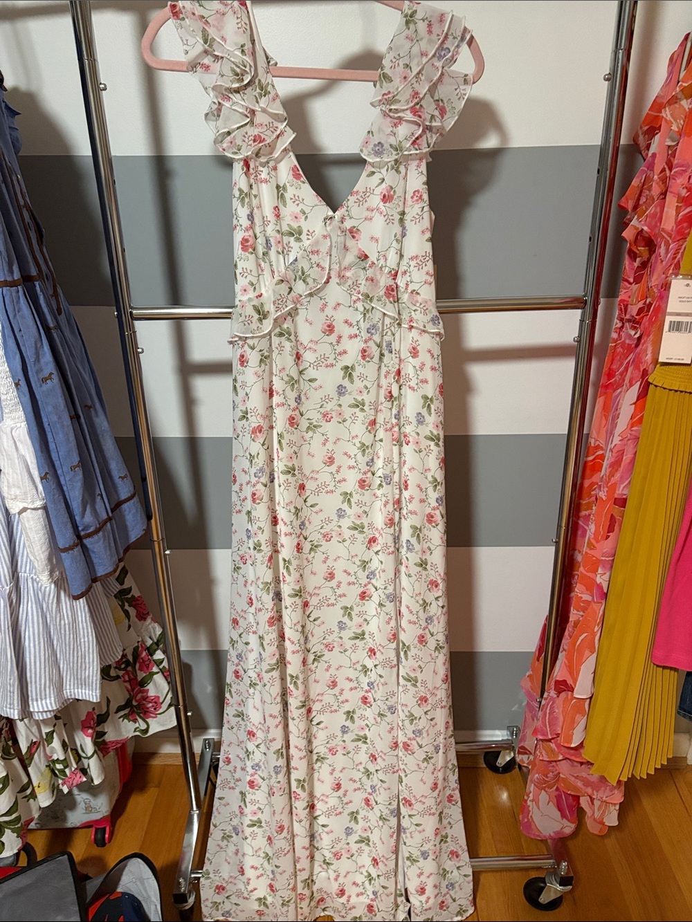 Francesca's Collections White Maxi Dress with Pink Floral Ruffle Straps